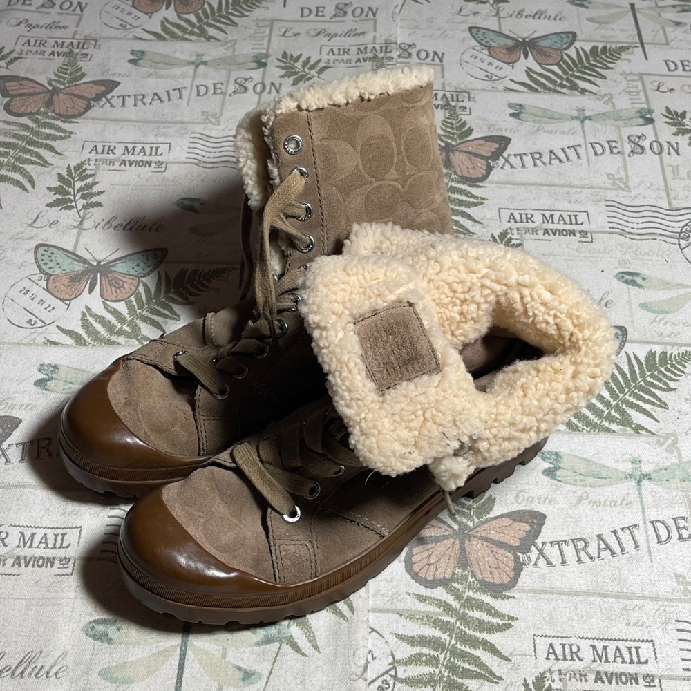 Coach Taupe & Cream Shearling-Lined Winter Boots